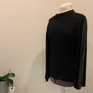 INC. mid neck black sling sleeve top with leather accent